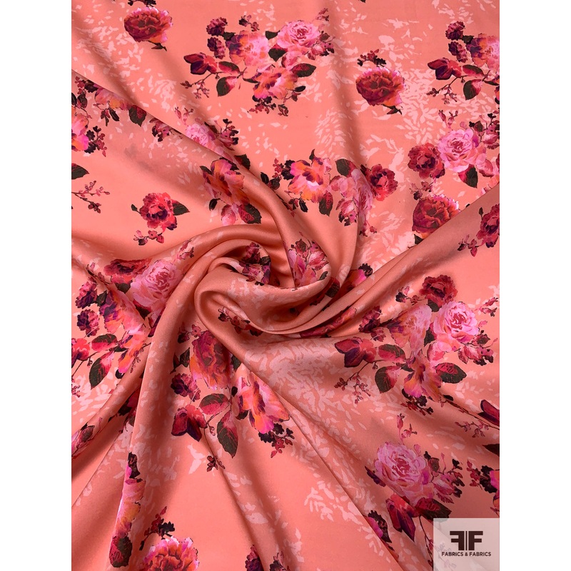 Prabal Gurung Romantic Floral Printed Satin Silk Chiffon – Peach / Pinks / Orange / Blcak Fabric by the Yard