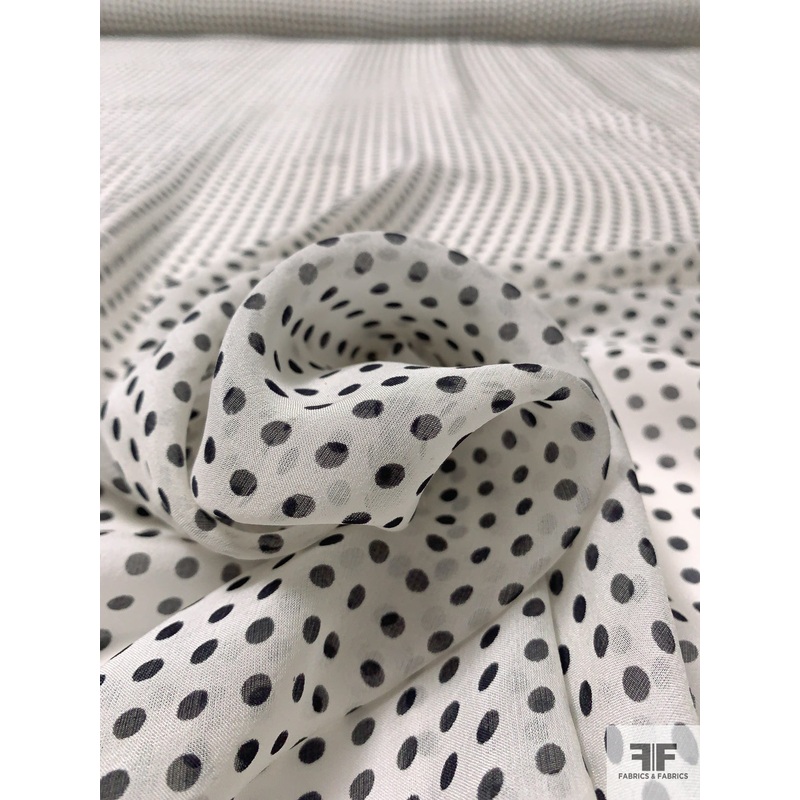 Small Polka Dot Printed Silk Chiffon – Ivory / Black Fabric by the Yard
