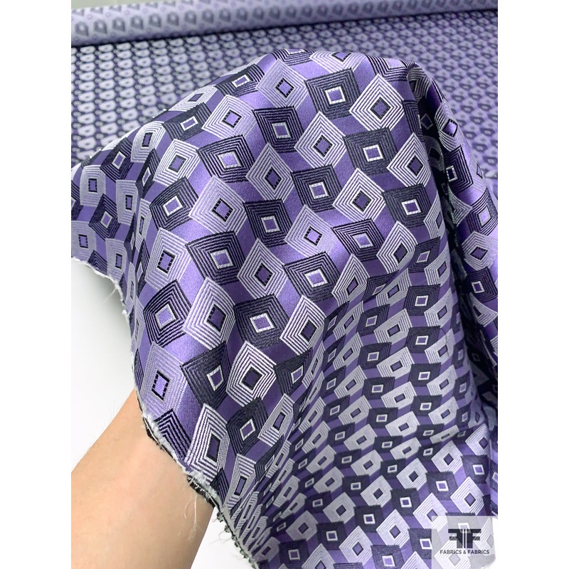 Squares on Squares Silk Necktie Jacquard Brocade – Purple / Black / Light Grey Fabric by the Yard