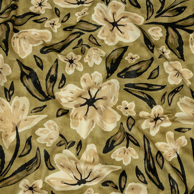 Stretch Cotton Sateen – Light Green Painterly Floral – Green Wildflower Walk Print – Mood Exclusive Rockland Collection