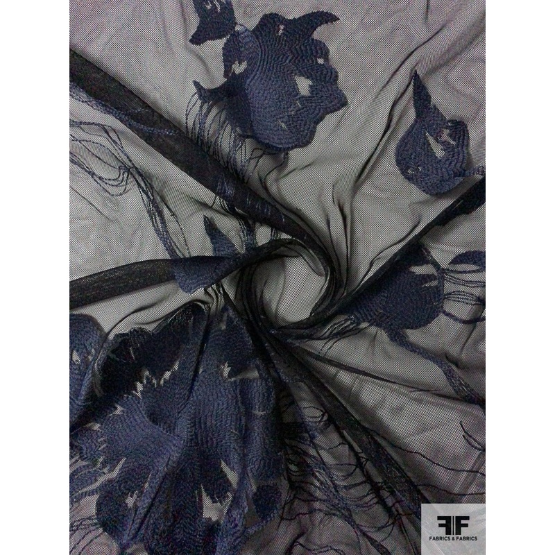 Stretch Tulle with Exotic Embroidery – Navy Fabric by the Yard