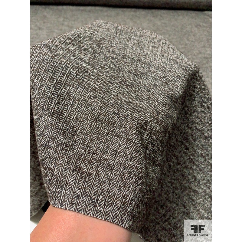 Virgin Wool Blend Micro-Chevron Stretch Suiting – Dark Chocolate / Off-White Fabric by the Yard
