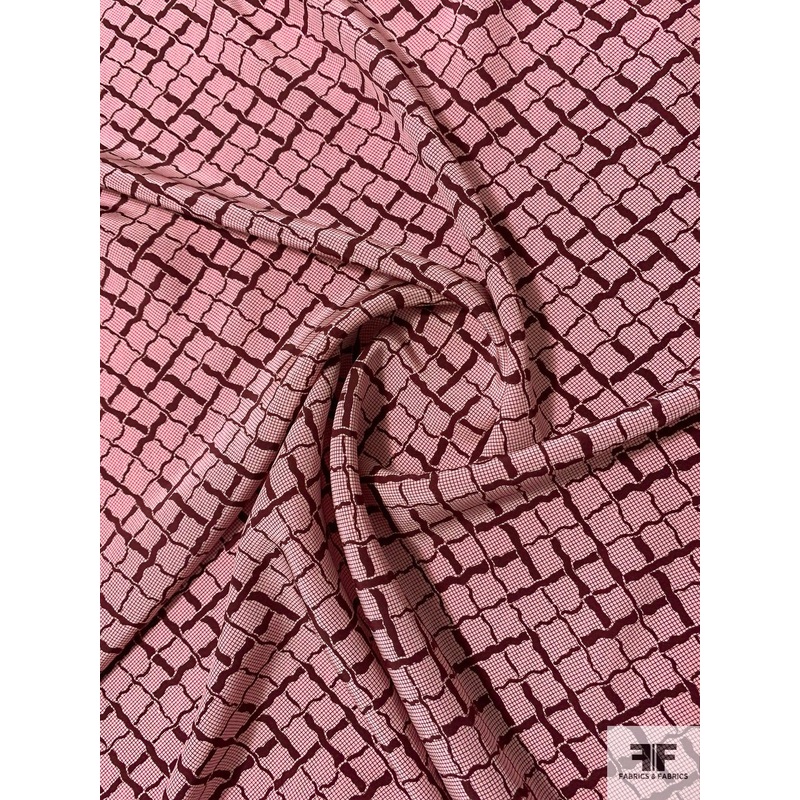 Wavy Diagonal Basketweave Printed Silk Crepe de Chine – Maroon / Light Pink Fabric by the Yard