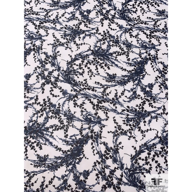 Wispy Stems Printed Polyester Chiffon – Navy / Off-White Fabric by the Yard
