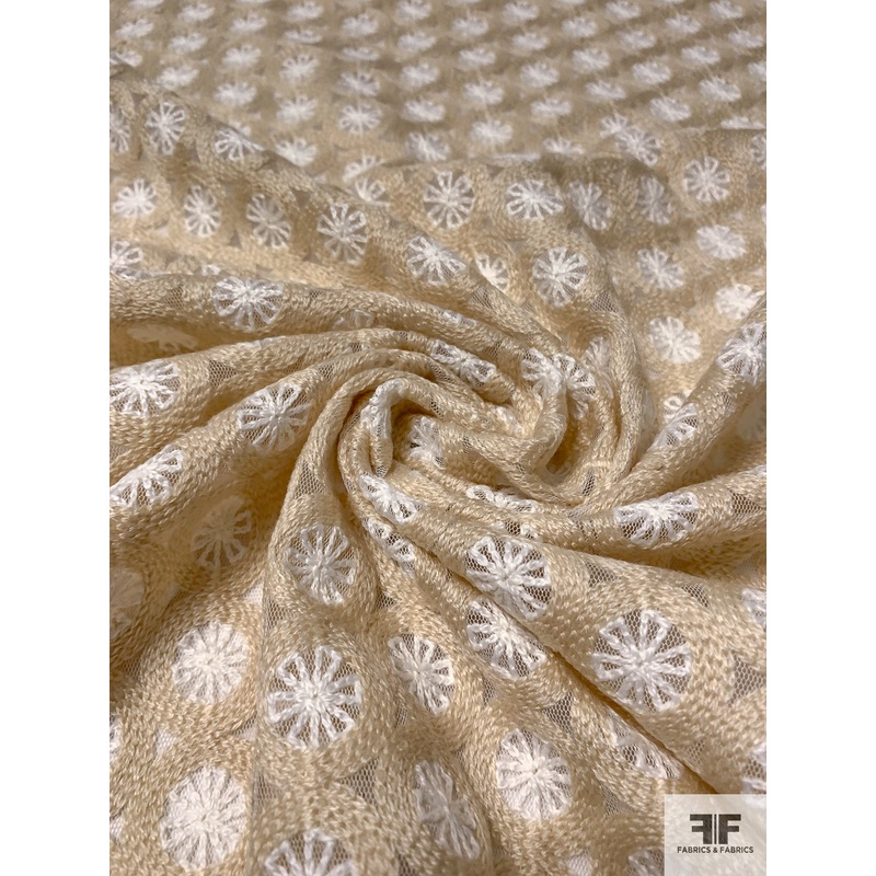 Circle Floral Disc Soft Embroidered Tulle – Sand / White Fabric by the Yard