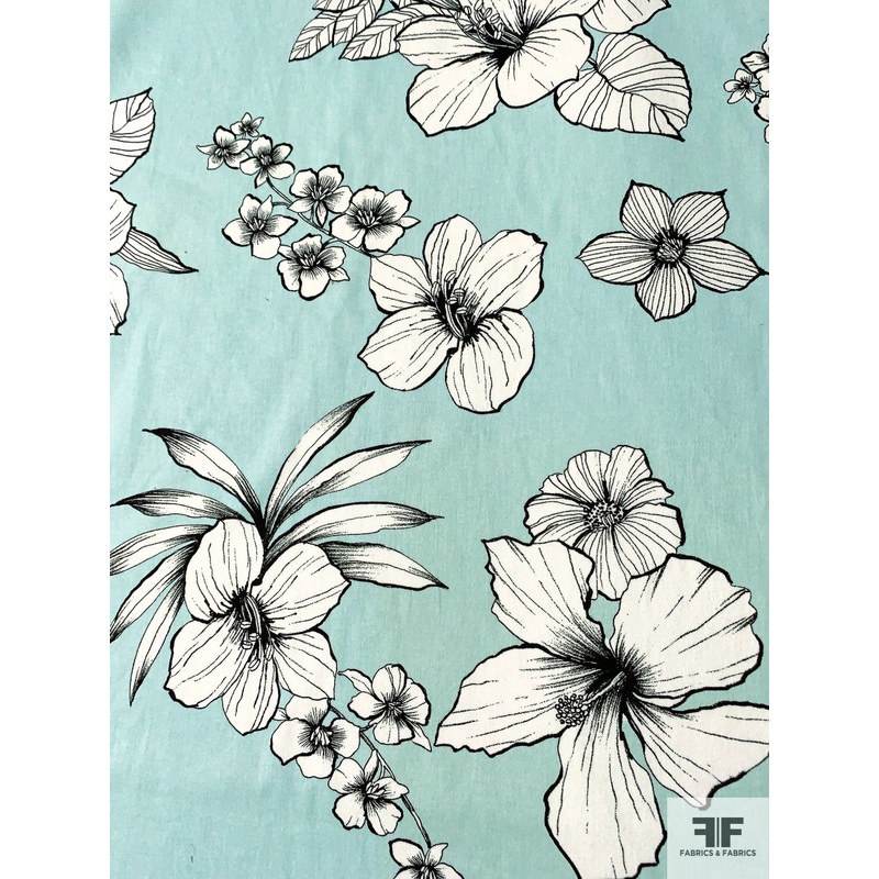 Floral Blossoms Printed Washed Stretch Cotton Twill – Seafoam / White / Black Fabric by the Yard
