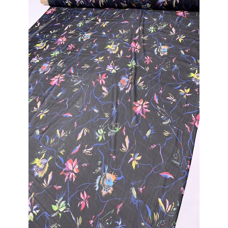 Floral Vine Printed Crinkled Silk Chiffon – Black / Blue / Multicolor Fabric by the Yard