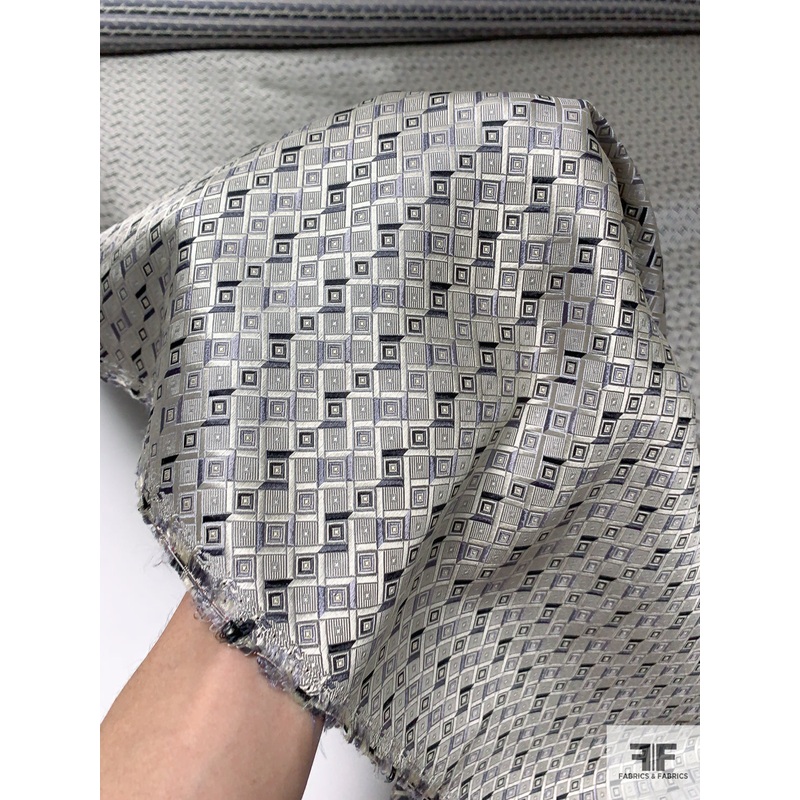 Geometric Silk Necktie Jacquard Brocade – Shades of Grey / Black Fabric by the Yard
