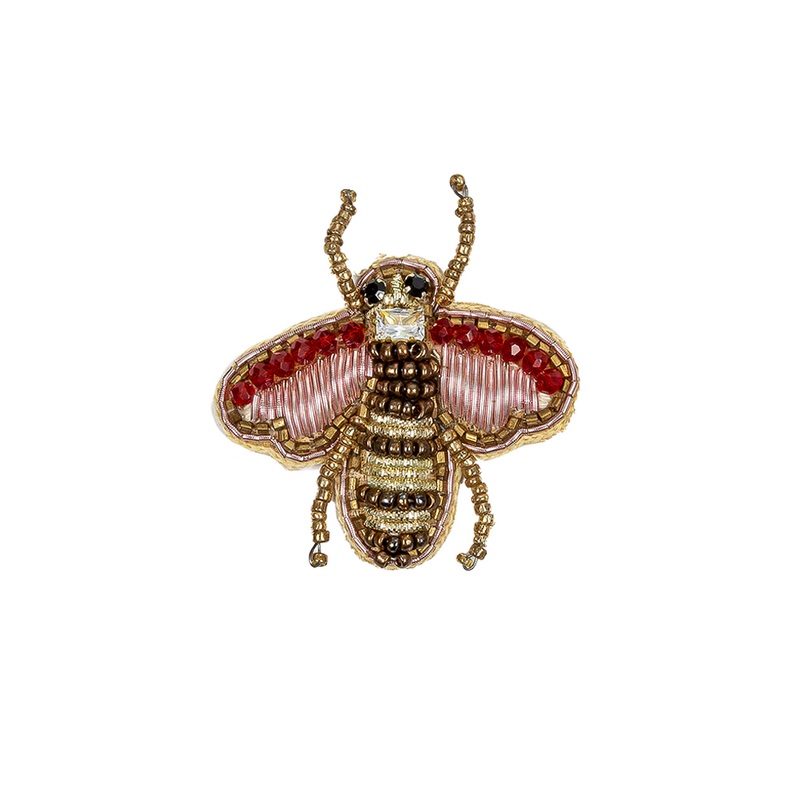 Gold and Prism Pink Bee Rhinestone and Glass Beaded Applique – 2″ X 1.875″