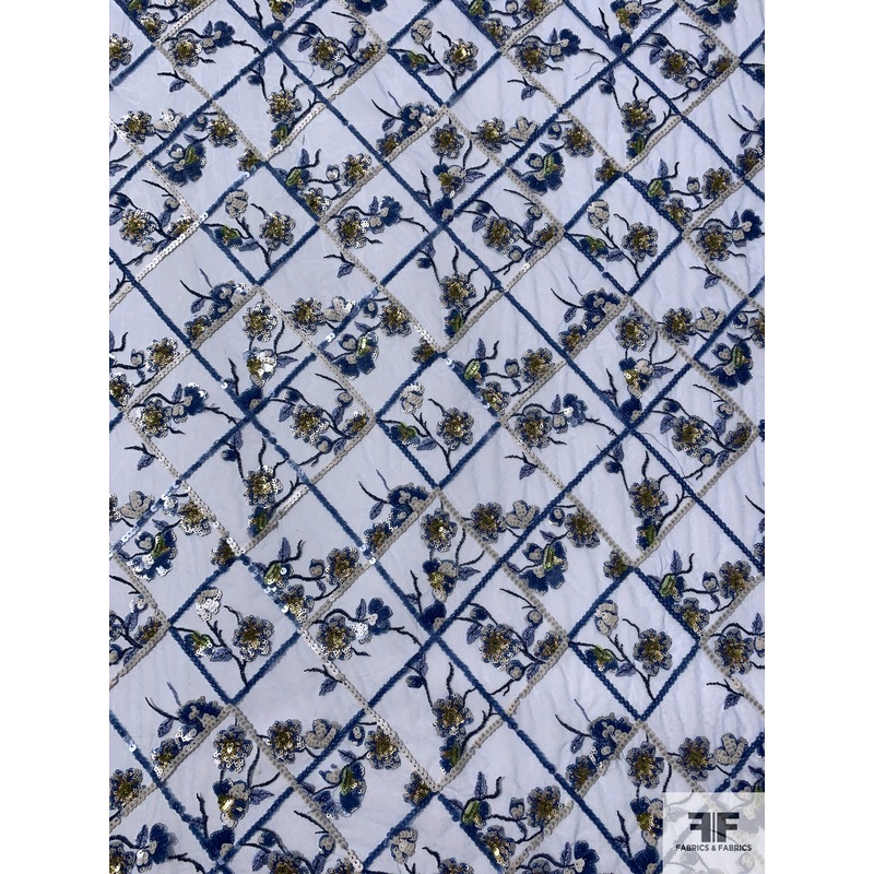 J Mendel Floral Grid Fine Embroidered and Sequined Tulle – Blue / Grey / Lime / Gold Fabric by the Yard