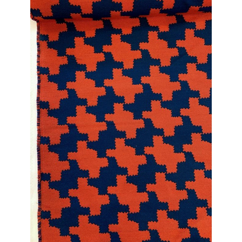 Large Scale Houndstooth Gabardine-Weave Suiting – Deep Orange / Blue Fabric by the Yard