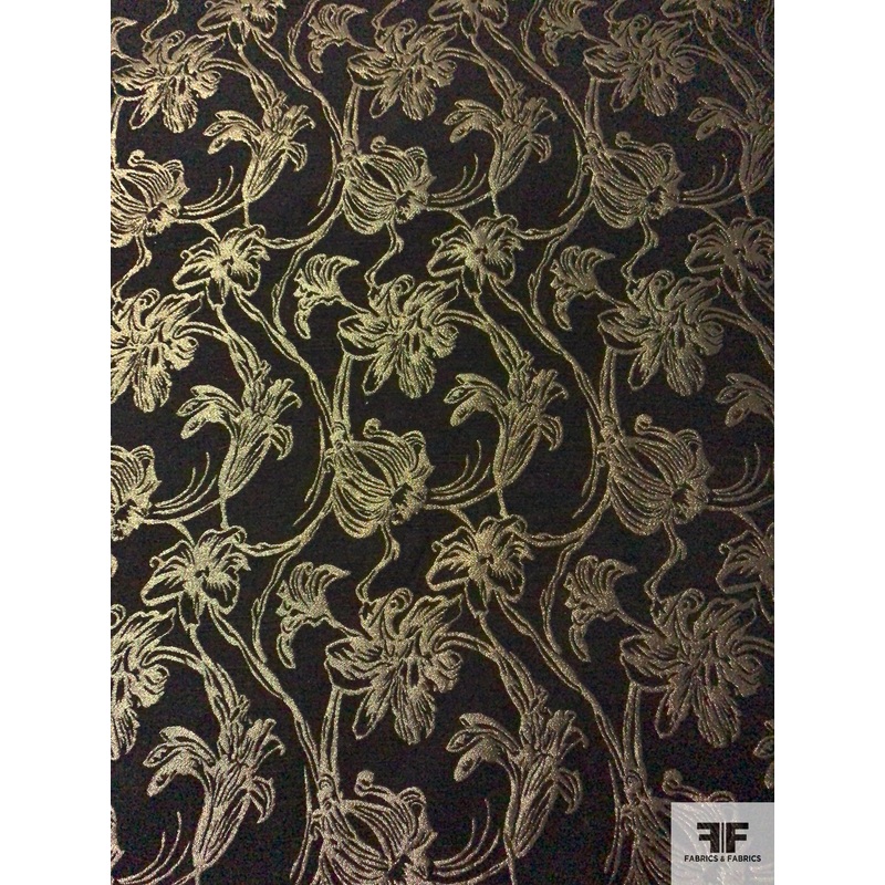 Vine Floral Metallic Brocade – Antique Gold / Black Fabric by the Yard