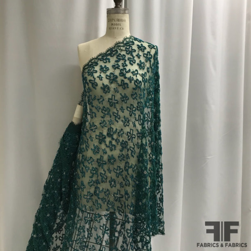Vintage French Beaded Chantilly Lace with Scalloped Edge – Green/Black Fabric by the Yard