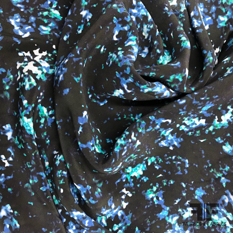 Abstract Printed Silk Crepe de Chine – Black/Blue Fabric by the Yard