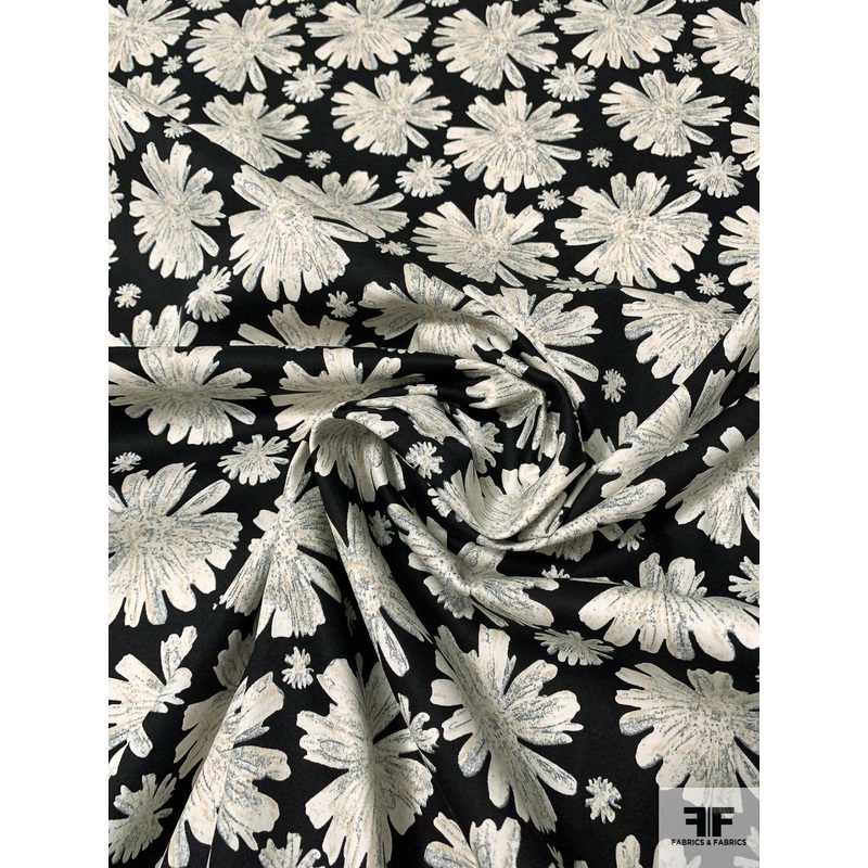 Aster Floral Printed Cotton Sateen – Black / White / Tan Fabric by the Yard