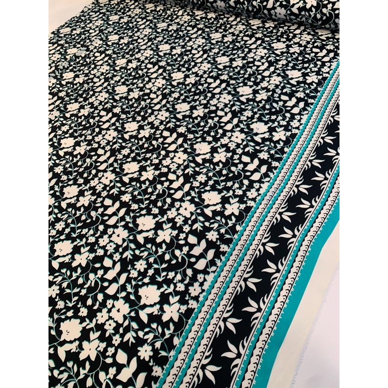 Border Pattern Floral Vine Printed Stretch Silk Georgette – Black / White / Turquoise Fabric by the Yard