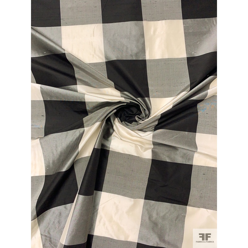 Buffalo Plaid Yarn-Dyed Silk Shantung – Black / Ivory Fabric by the Yard