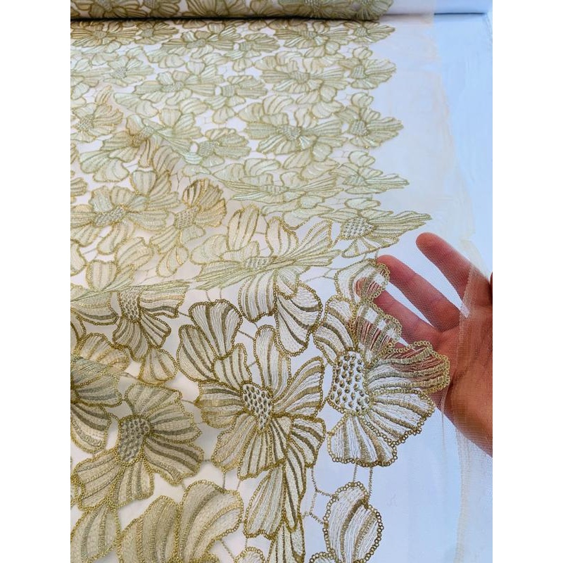 Double Scalloped Floral Embroidered Tulle with Sequins – Gold / Nude Fabric by the Yard