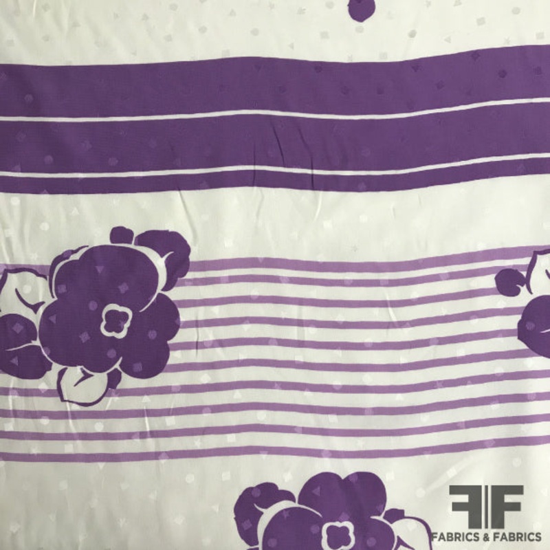 Floral and Striped Silk Jacquard – Purple/Off White Fabric by the Yard