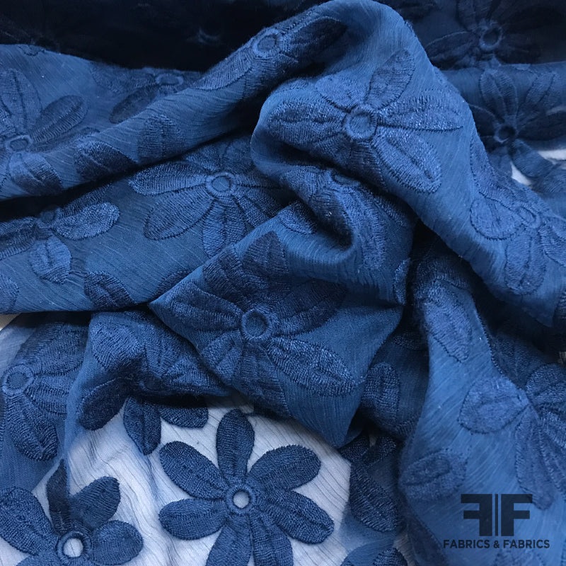 Floral Embroidered Polyester Chiffon – Blue Fabric by the Yard