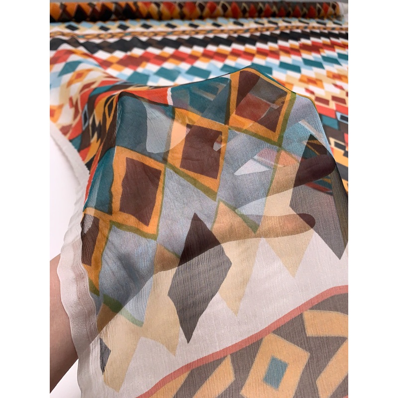 Geometric Boho Printed Crinkled Silk Chiffon – Oranges / Brown / Teal / Skky Blue / Off-White Fabric by the Yard