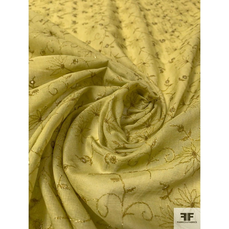Intricate Floral Embroidered Lurex Threadwork on Cotton Eyelet Voile – Light Olive Green Fabric by the Yard