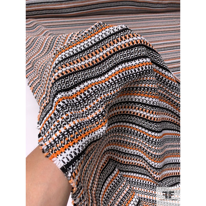 Italian Loosely Woven Striped Spring Suiting with Mechanical Stretch – Orange / Black / White Fabric by the Yard