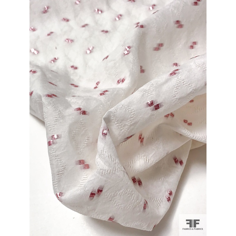 Italian Lurex Dotted Silk Blend Jacquard Gazar – White / Metallic Pink Fabric by the Yard