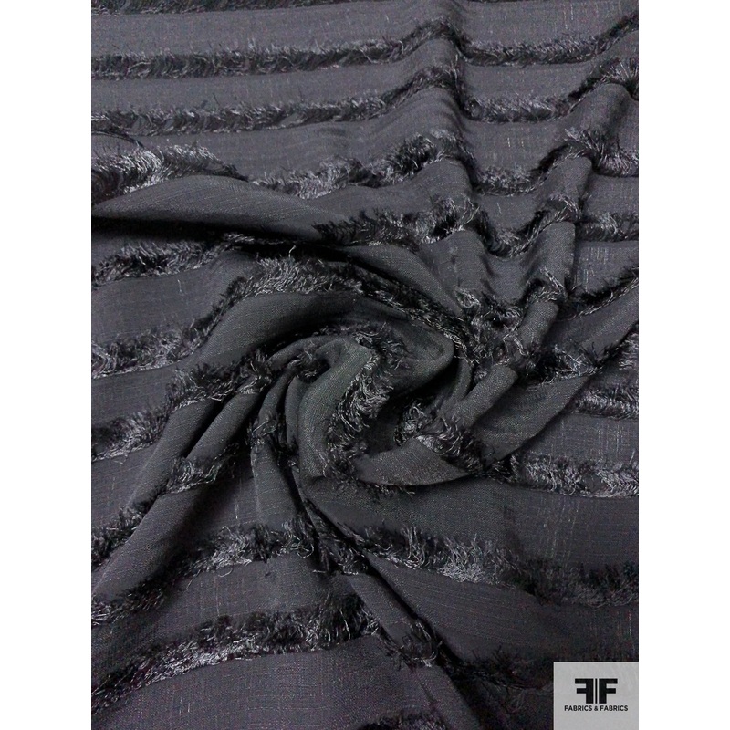 Italian Prabal Gurung Horizontal Striped Fringe Viscose Novelty – Black Fabric by the Yard