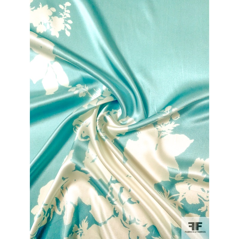 Large-Scale Floral Silhouette Printed Silk Charmeuse – Aqua / Off-White Fabric by the Yard