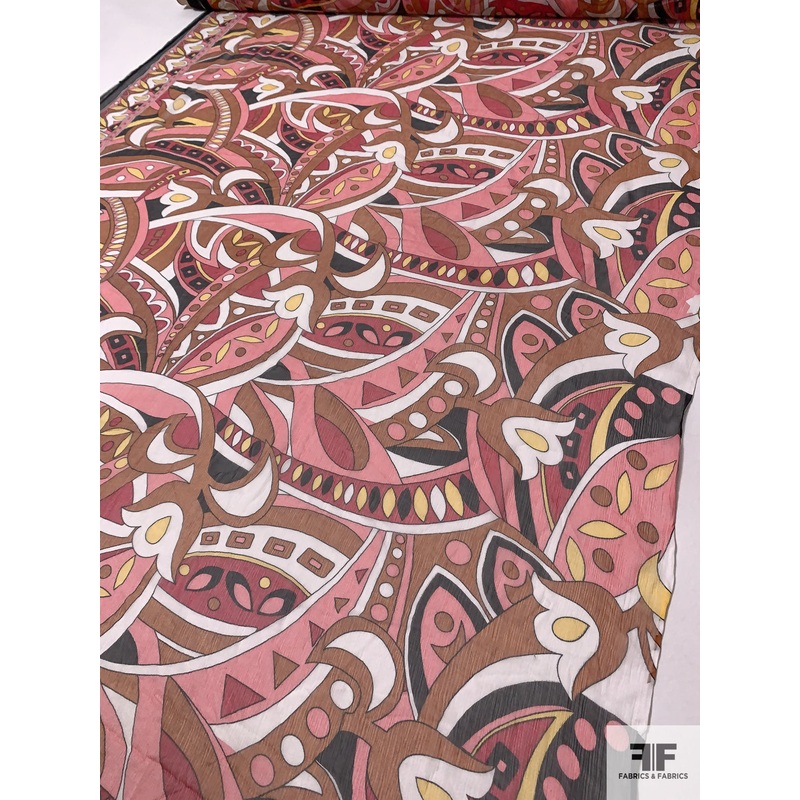 Pucci-esqe Printed Crinkled Silk Chiffon – Coral / Red / Saddle / Brown / Yellow Fabric by the Yard