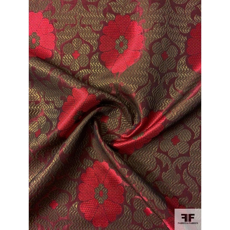 Regal Floral Reversible Metallic Brocade – Maroon / Antique Brushed Gold Fabric by the Yard