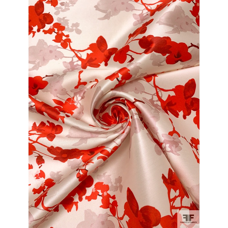 Romantic Floral Printed Silk-Wool Mikado – Red / Light Ivory Fabric by the Yard