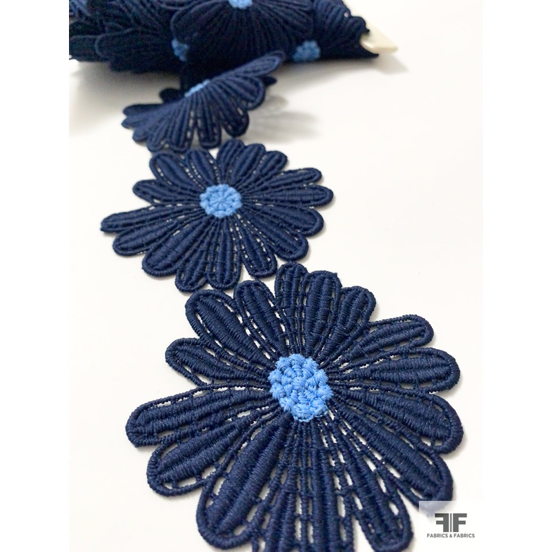 Sunflowers Guipure Lace Trim – Navy / Light Blue Fabric by the Yard