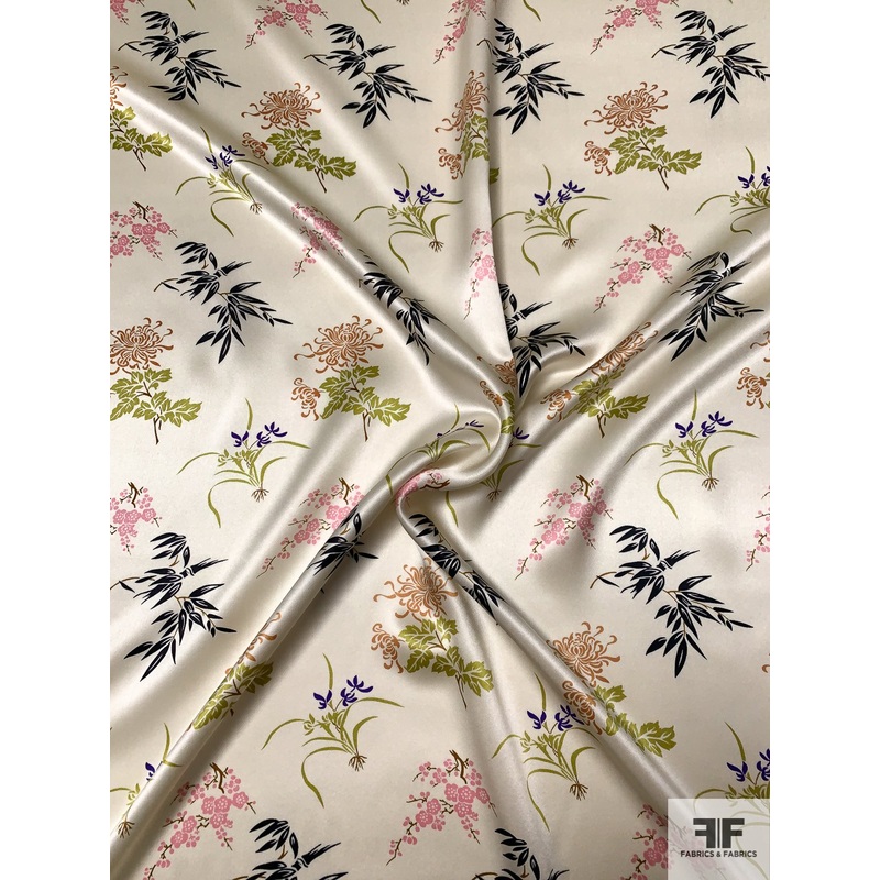Wispy Floral Printed Silk Charmeuse – Ivory / Olive Green / Black / Pink Fabric by the Yard