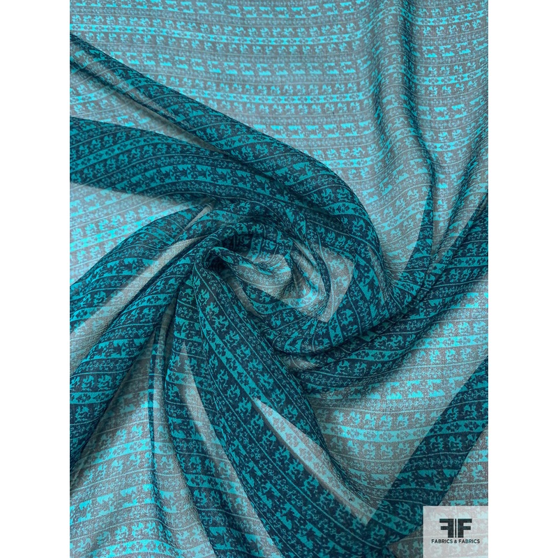 Ditsy Floral Striped Printed Silk Chiffon – Turquoise / Navy Fabric by the Yard