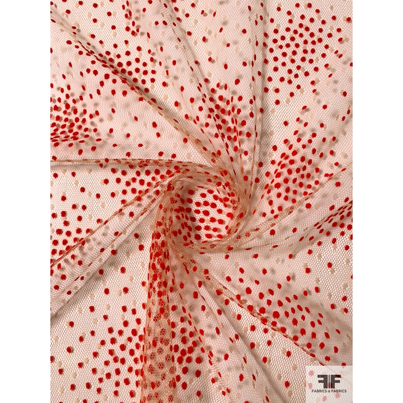 Fine Point D’Esprit Tulle with Flocked Dot Clusters – Nude / Red Fabric by the Yard