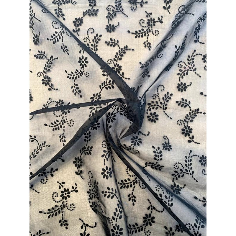 Flocked Floral Silk Organza – Black Fabric by the Yard