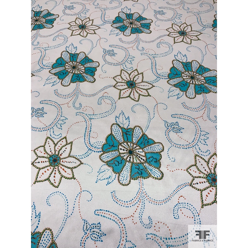 Floral Medallion and Dot-Paisley Printed Silk Charmeuse – Turquoise / Orange / Green / Off-White Fabric by the Yard