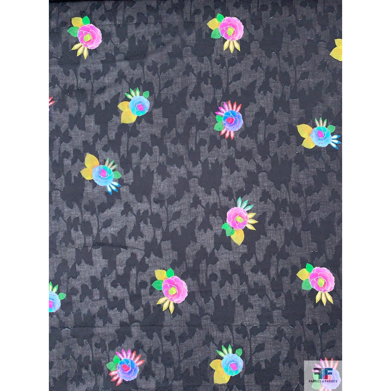 Floral Printed Burnout Rayon-Cotton Voile – Midnight Navy / Multicolor Fabric by the Yard