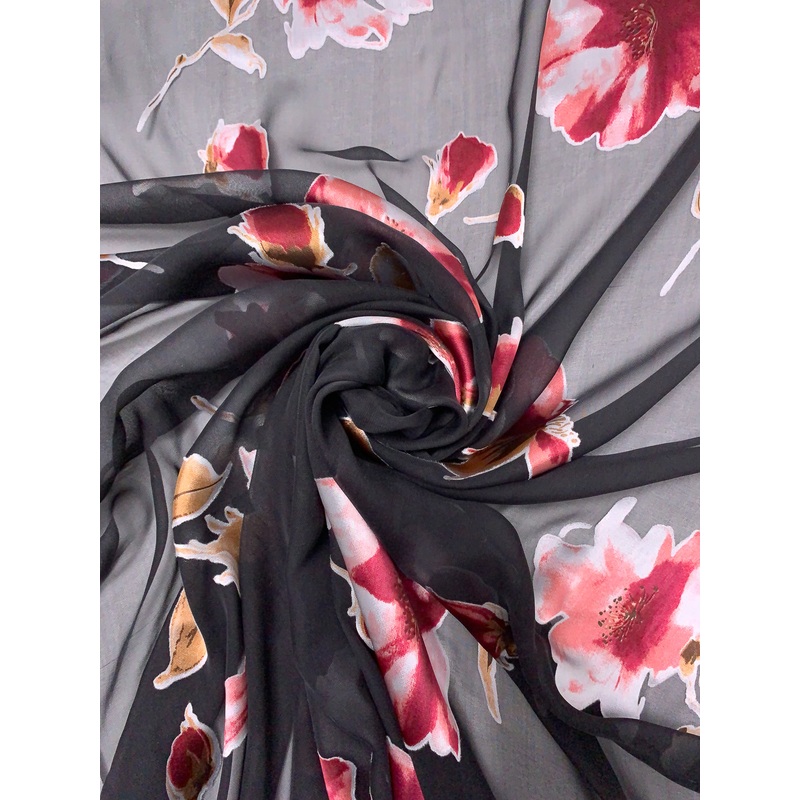 Floral Printed Burnout Silk Blend Chiffon – Cranberry / Black / Brown Fabric by the Yard
