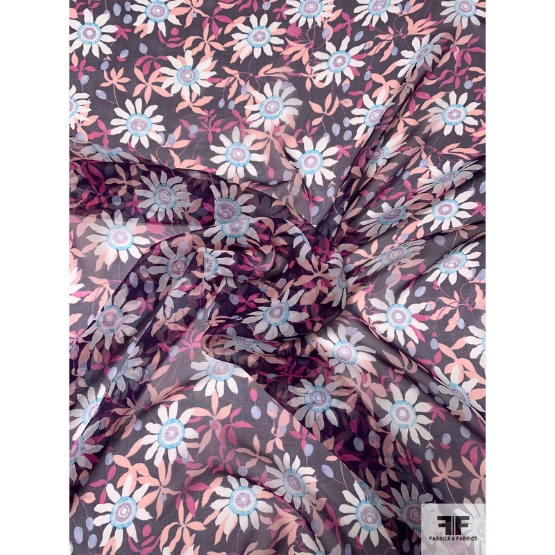 Floral Printed Silk Chiffon – Eggplant / Magenta / Blush / White Fabric by the Yard
