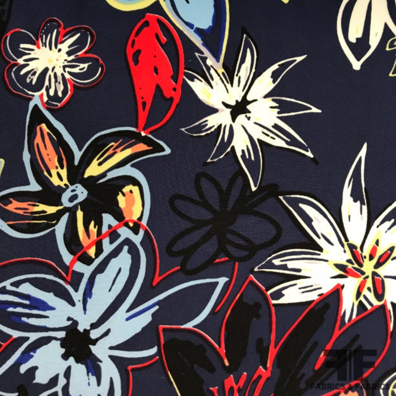 Graphic Floral Printed Silk Charmeuse – Navy/Multicolor Fabric by the Yard