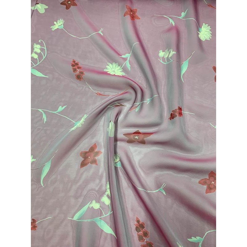 Iridescent Floral Printed Silk Chiffon – Magenta / Red / Blue-Grey Fabric by the Yard