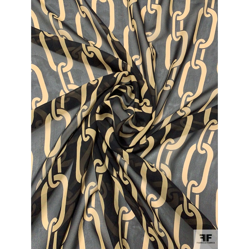 Large Chain Links Printed Silk Chiffon – Black / Khaki Fabric by the Yard