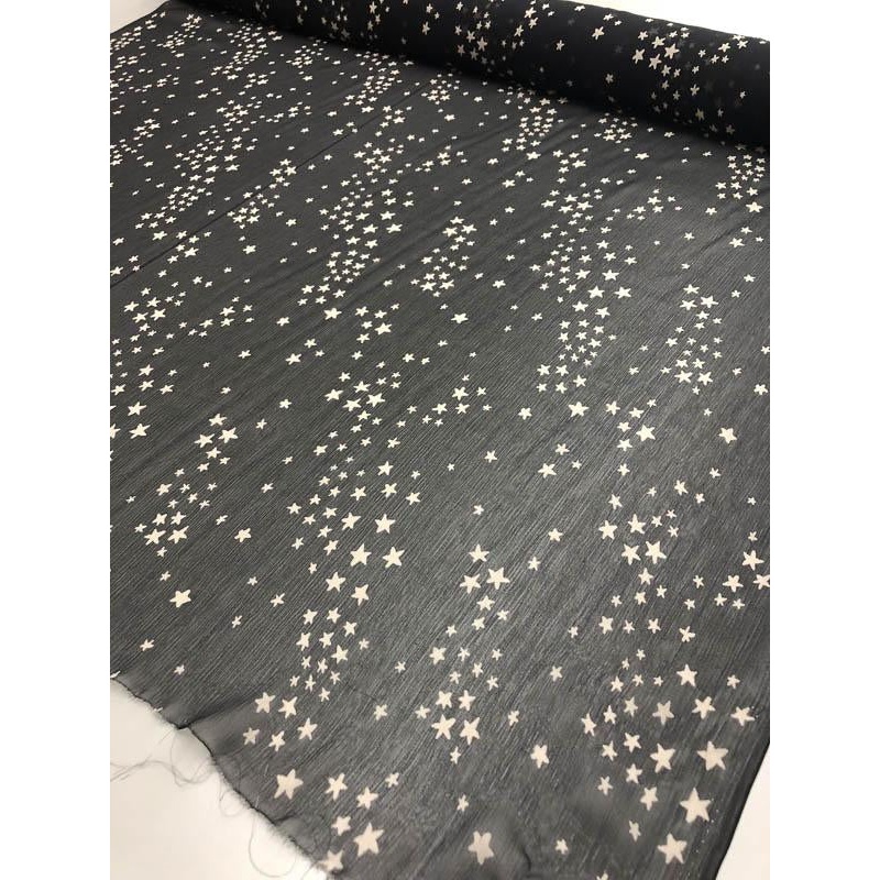 Large Stars Printed Crinkled SIlk Chiffon – Black / Off-White Fabric by the Yard