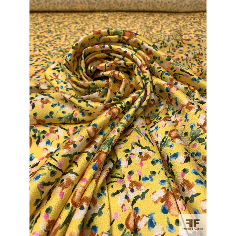 Made in Germany Watercolor Floral Printed Hammered Polyester Charmeuse – Yellow / Multicolor Fabric by the Yard