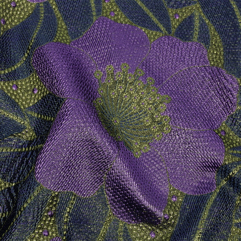 Metallic Navy, Lime and Lavender Tropical Flowers Luxury Brocade