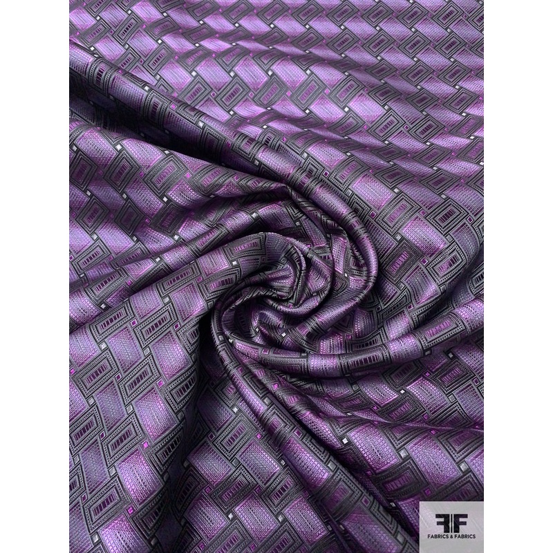 Rectangle Diagonal Lattice Silk Necktie Jacquard Brocade – Purple / Black Fabric by the Yard