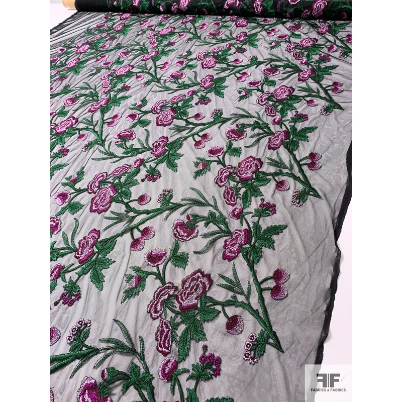 Romantic Floral Embroidered Tulle – Orchid Purple / Green / Black Fabric by the Yard